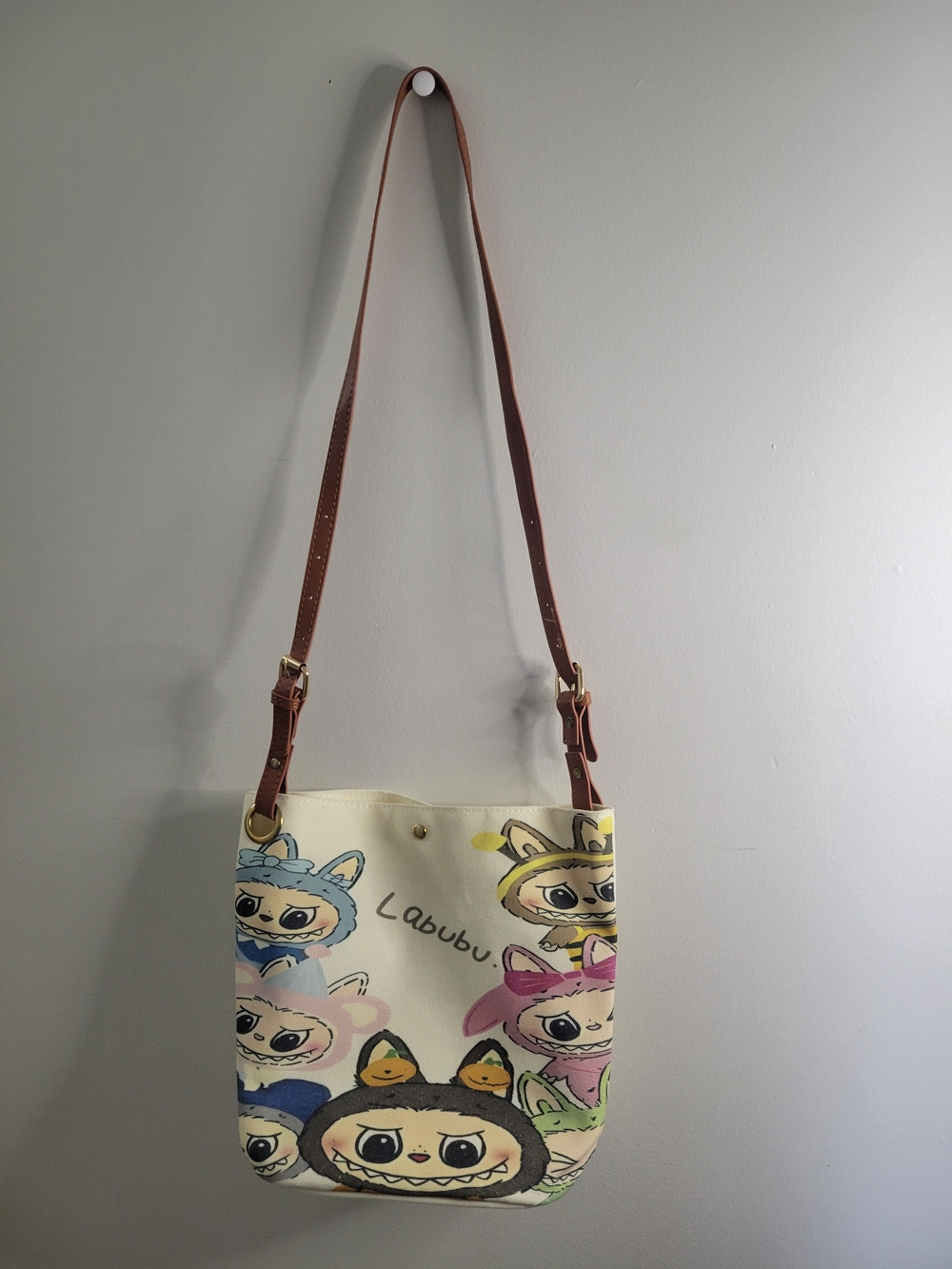 Canvas Labubu Crossbody Bag in Cream with Brown Strap
